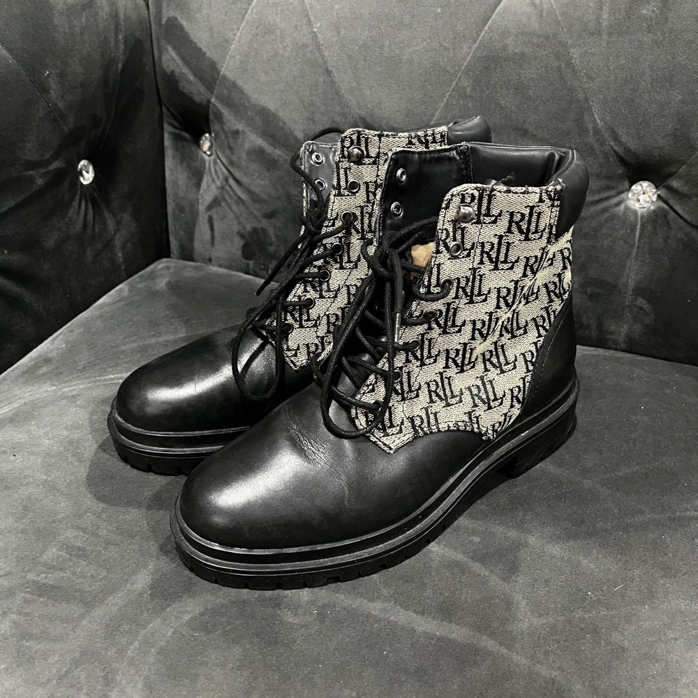 Ralph Lauren RLL Carlee Black‎ Leather Monogram Combat Boots Womens 7.5 Lug Sole